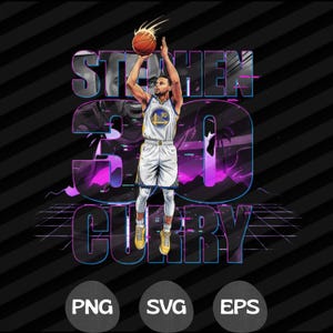 Pode incluir: Ilustração de um jogador de basquete em uniforme branco e dourado, em meio a um arremesso. A imagem apresenta o texto "STEPHEN 30 CURRY" em uma fonte estilizada com um fundo preto e roxo. Abaixo estão os ícones de tipo de arquivo: PNG, SVG e EPS.