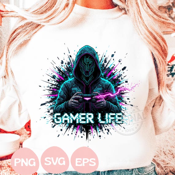 Neon Gamer Life Shirt Design PNG SVG EPS, Cyberpunk Gamer Clipart, Glitch Video Game Controller Art, Gaming Gift for Teens