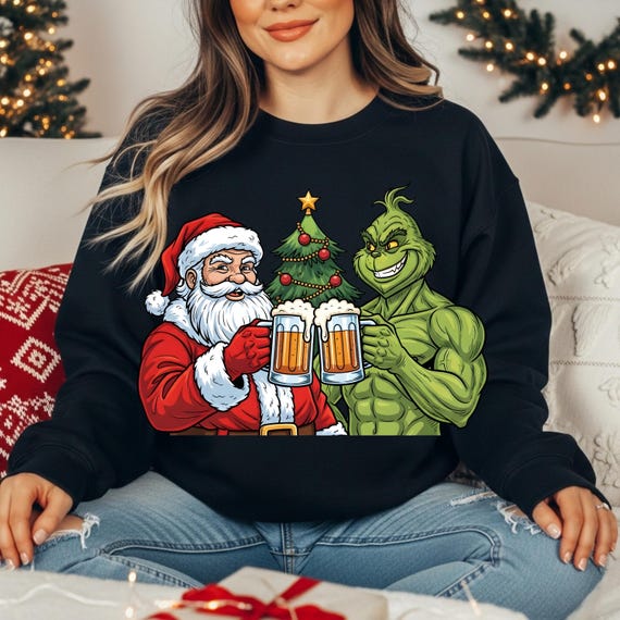 Santa and Grinch Christmas Toast PNG – Funny Ultra Detailed Cartoon, White Background Clipart for Sweatshirts & T-Shirts