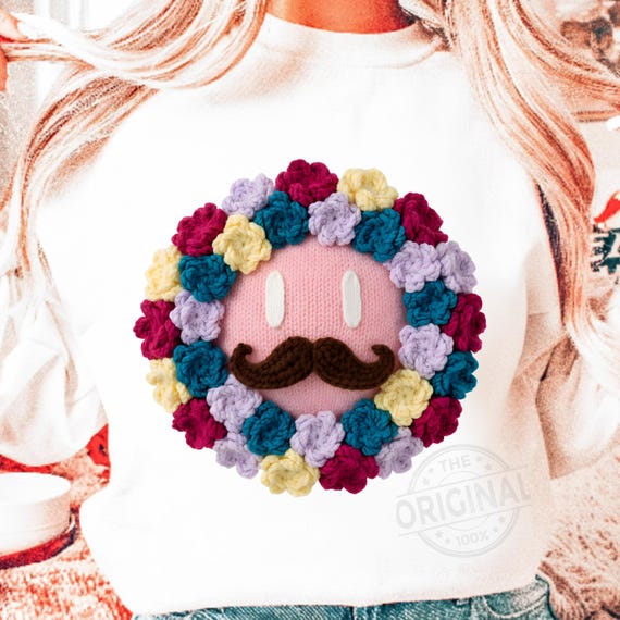 Retro Yarn Smiley With Mustache PNG, Floral Crochet Face, Cute Vintage Humor, Positive Vibes PNG, Self Worth Art