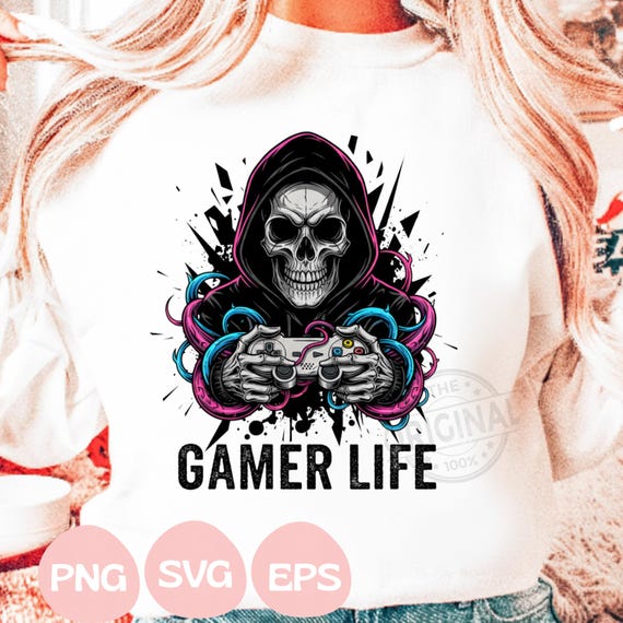 Gamer Life T-Shirt SVG PNG EPS, Funny Gaming Skull Design, Neon Graffiti Gamer Clipart, Hooded Player Controller Art, Gaming Shirt
