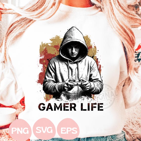 Gamer Life PNG SVG EPS, Dark Hoodie Gamer Illustration, Minimal Gaming Shirt Design, Video Game Lover Gift, Grunge Gamer Clipart