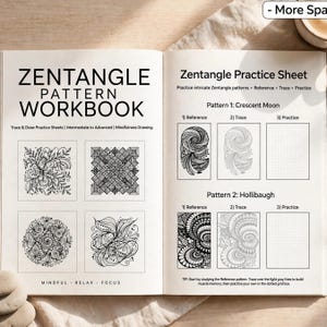 May include: A Zentangle pattern workbook with black text on white pages. The left page features four intricate black and white line art designs. The right page displays a practice sheet with reference, trace, and practice boxes for Crescent Moon and Hollibaugh patterns.