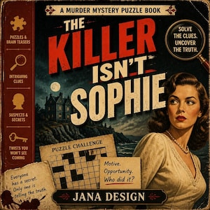May include: A murder mystery puzzle book titled The Killer Isn't Sophie by Jana Design. The cover features a woman, a dark mansion on a cliff, a crossword puzzle, and text including Solve the Clues, Uncover the Truth, and Motive. Opportunity. Who did it?