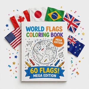 Może przedstawiać: Biała kolorowanka zatytułowana World Flags Coloring Book Mega Edition z centralną ilustracją globu, otoczona małymi rysunkami kredek, samolotu i kompasu. Okładka zawiera napis 60 Flags! Mega Edition.
