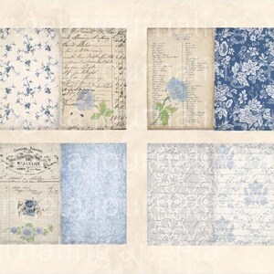 May include: Four vintage-style digital papers. Each paper features a combination of floral patterns, handwritten script, and botanical illustrations in shades of blue and cream. The papers are ideal for scrapbooking and crafting projects.