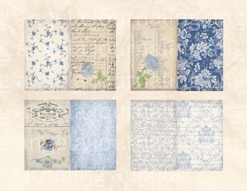May include: Four vintage-style digital papers. Each paper features a combination of floral patterns, handwritten script, and botanical illustrations in shades of blue and cream. The papers are ideal for scrapbooking and crafting projects.