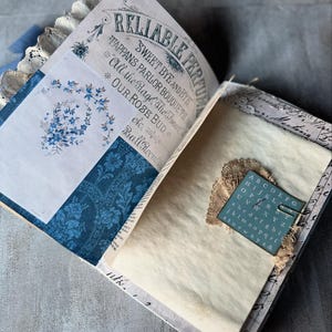 May include: Open journal with vintage-style pages. The left page features blue floral designs and text that reads "RELIABLE PERFUME". The right page has a small card with alphabet letters and a paper clip, and a piece of lace.