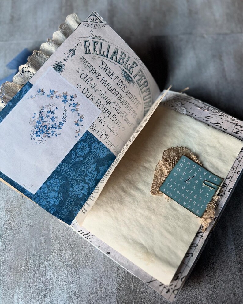 May include: Open journal with vintage-style pages. The left page features blue floral designs and text that reads "RELIABLE PERFUME". The right page has a small card with alphabet letters and a paper clip, and a piece of lace.