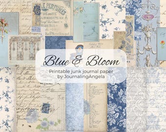 Blue Floral Junk Journal Kit: Vintage Ephemera (Digital Download, 8 JPGs)