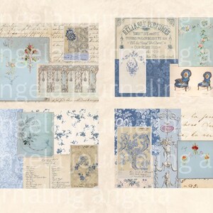 May include: A collage of vintage-style images with a light blue and cream color scheme. The images include floral patterns, antique chairs, and text elements, evoking a classic, romantic aesthetic. The overall theme is reminiscent of French country decor.