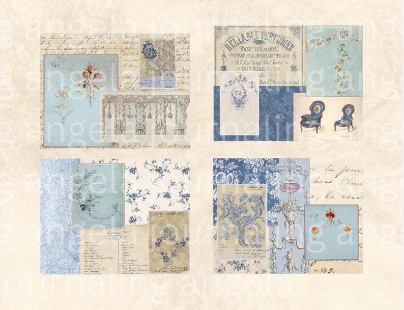 May include: A collage of vintage-style images with a light blue and cream color scheme. The images include floral patterns, antique chairs, and text elements, evoking a classic, romantic aesthetic. The overall theme is reminiscent of French country decor.