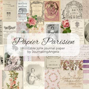 Könnte beinhalten: Eine Collage aus Papieren im Vintage-Stil mit verblassten Rosa-, Creme- und Sepiatönen. Das Design umfasst florale Muster, antike Buchseiten, Porträts und handschriftliche Schrift. Text enthält "Papier Parisien" und "Printable junk journal paper by JournalingAngela".