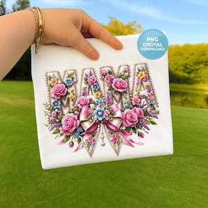 Floral MAMA PNG Design – Coquette Bow Mama Clipart – Vintage Flower Mom PNG – Mother’s Day Sublimation T-Shirt Design Download