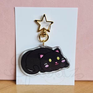 May include: A clear acrylic keyring featuring a cartoon black cat with pink accents and yellow eyes. The keyring has a gold star-shaped clasp and a gold ring. The cat is lying down on a white card.