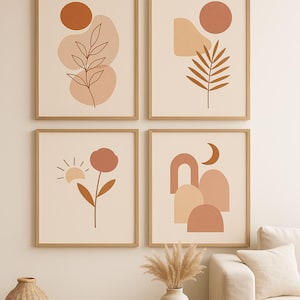 Conjunto de 4 pôsteres boêmios minimalistas – Arte digital A3/A4 para impressão – Tons de rosa e bege