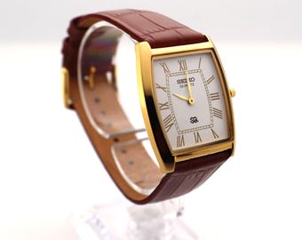 Vintage Seiko Tank Watch: Slim Barrel, White Dial, Camel Leather Strap