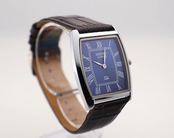 Classic look Seiko Slim Vintage  Barrel Tank  Quartz Men's  Wrist Watch With Blue Dial and New Dark Brown Leather Strap