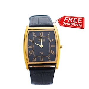 Vintage Seiko Tank Watch: Slim Barrel, Black Dial, New Leather Strap