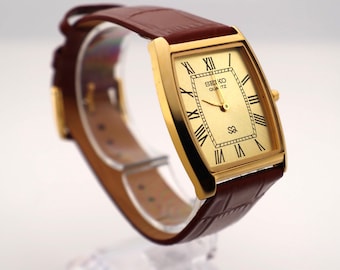 Vintage Seiko Tank Watch: Gold Dial, Slim Profile, New Leather Band
