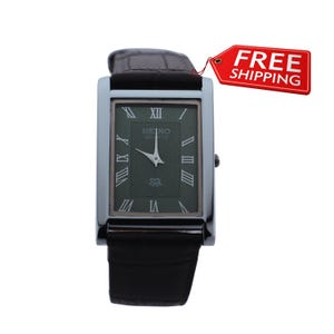 Vintage Seiko Quartz Watch: Green Dial Slim Tank, Leather Strap
