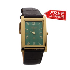 Ongerepte Seiko slank vintage quartz herenpolshorloge groene wijzerplaat met nieuwe donkerbruine leren band