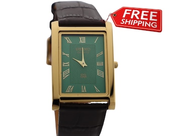 Reloj de cuarzo Seiko vintage: esfera verde, rectángulo delgado, correa de cuero