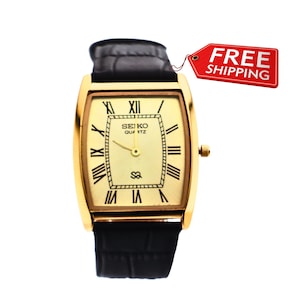 Classy Look Seiko Slim Vintage  Barrel Tank  Quartz Men's  Wrist Watch With Gold Dial and New Dark Brown Leather Strap