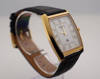 Vintage Seiko Tank Watch: Slim Barrel, White Dial, New Leather Band