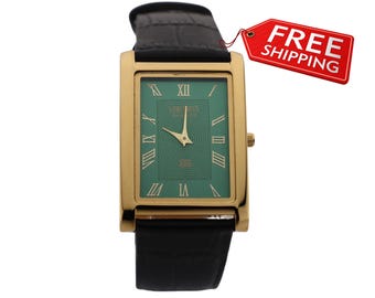 Zielony Seiko Slim Vintage Quartz męski zegarek na rękę z nowym czarnym skórzanym paskiem