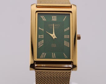 Zegarek z duszą Vintage Seiko Slim Quartz męski zegarek na rękę Zielona tarcza - Złota koperta