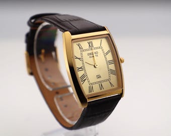 Vintage Seiko Tank Watch: Gold Dial, New Leather Band