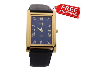 Vintage Seiko Quartz Watch: Slim Gold Tank, Blue Dial ,Leather Strap