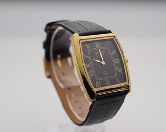 Vintage Seiko Tank Watch: Slim Barrel, Black Dial, New Leather Strap