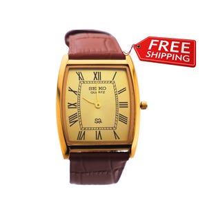 Dress Style Seiko Slim Vintage  Barrel Tank  Quartz Men's  Wrist Watch With Gold Dial and New Camel Leather Strap
