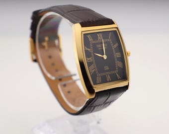 Vintage Seiko Tank Watch: Slim Barrel, Black Dial, New Leather Strap