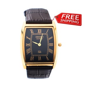 Classy Look Seiko Slim Vintage  Barrel Tank  Quartz Men's  Wrist Watch With Black Dial and New Dark Brown Leather Strap