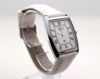 Modern Classic look Seiko Slim Vintage  Barrel Tank  Quartz Men's  Wrist Watch ALL WHITE