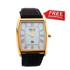 Classy Look Seiko Slim Vintage  Barrel Tank  Quartz Men's  Wrist Watch With White Dial and New Dark Brown Leather Strap