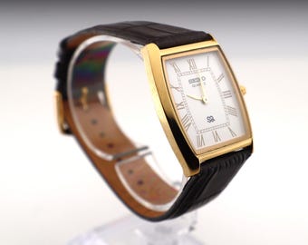 Vintage Seiko Tank Watch: Slim Barrel, White Dial, New Leather Strap