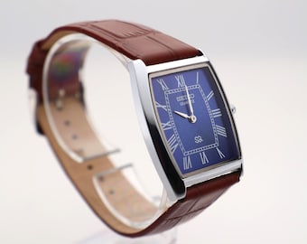Modern Classic look Seiko Slim Vintage  Barrel Tank  Quartz Men's  Wrist Watch With Blue Dial and New Camel Brown Leather Strap