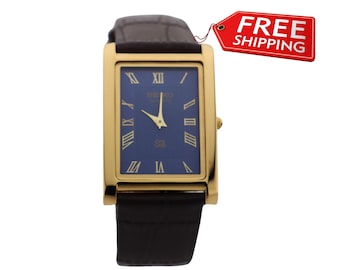 Vintage Seiko Quarzuhr: Blaues Zifferblatt, Goldgehäuse, Lederarmband