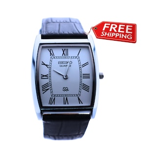Luxury That Moves With You Seiko Slim Vintage  Barrel Tank  Quartz Men's  Wrist Watch With White Dial and New Black Brown Leather Strap