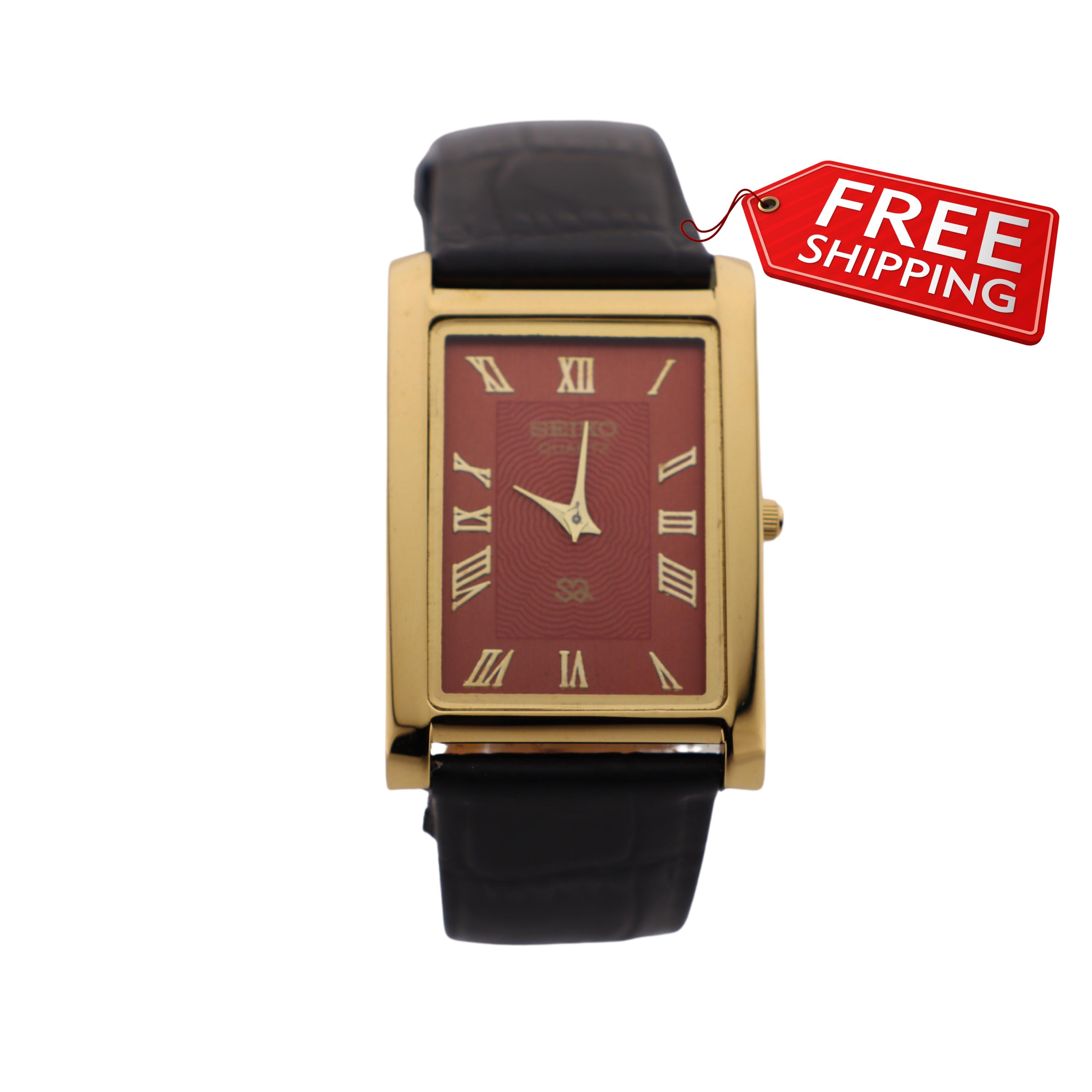 Vintage Seiko Tank Watch: Red Dial, Leather Strap, Quartz Movement