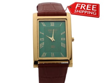 Rare Dress Style Seiko Slim Vintage Quartz Herren Armbanduhr grünes Zifferblatt