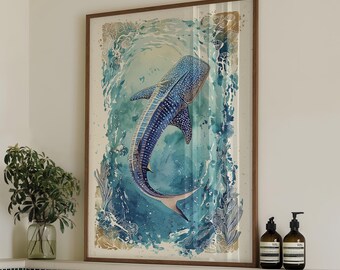 Whale Shark Poster – Ocean Watercolor Art Print, Blue Sea Life Wall ...