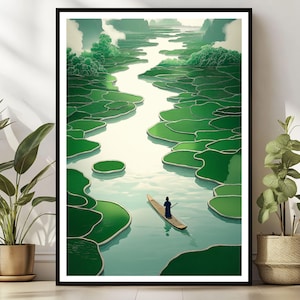 Ruhiges Fluss Boot Wandkunst - Asiatische / Japanische Landschaft Digitaldruck - Minimalistisches Zen Natur Poster - Serenes grünes Wasser Kunstwerk Download