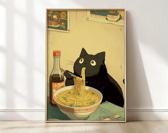 Black Cat Eating Ramen Poster – Funny Japanese Noodle Wall Art Print - Etsy