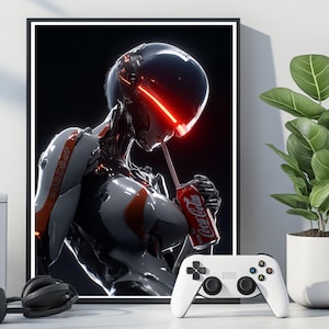 Futuristic Cyberpunk Robot Art Print | Neon Aesthetic Android Wall Art | AI Girl Drinking Soda | Sci-Fi Digital Poster | Gamer Room Decor
