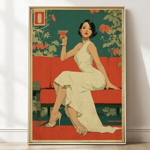 Sztuka ścienna Vintage Cocktail Woman – Elegancka ilustracja retro – Glam Fashion Print – Wystrój baru w stylu art déco – Styl japoński – Pobieranie cyfrowe